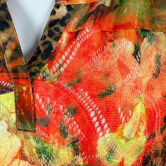 Chico's Top Womens 3 Multicolor Cheetah Floral Summer Surprise Mesh Overlay - Picture 3 of 12